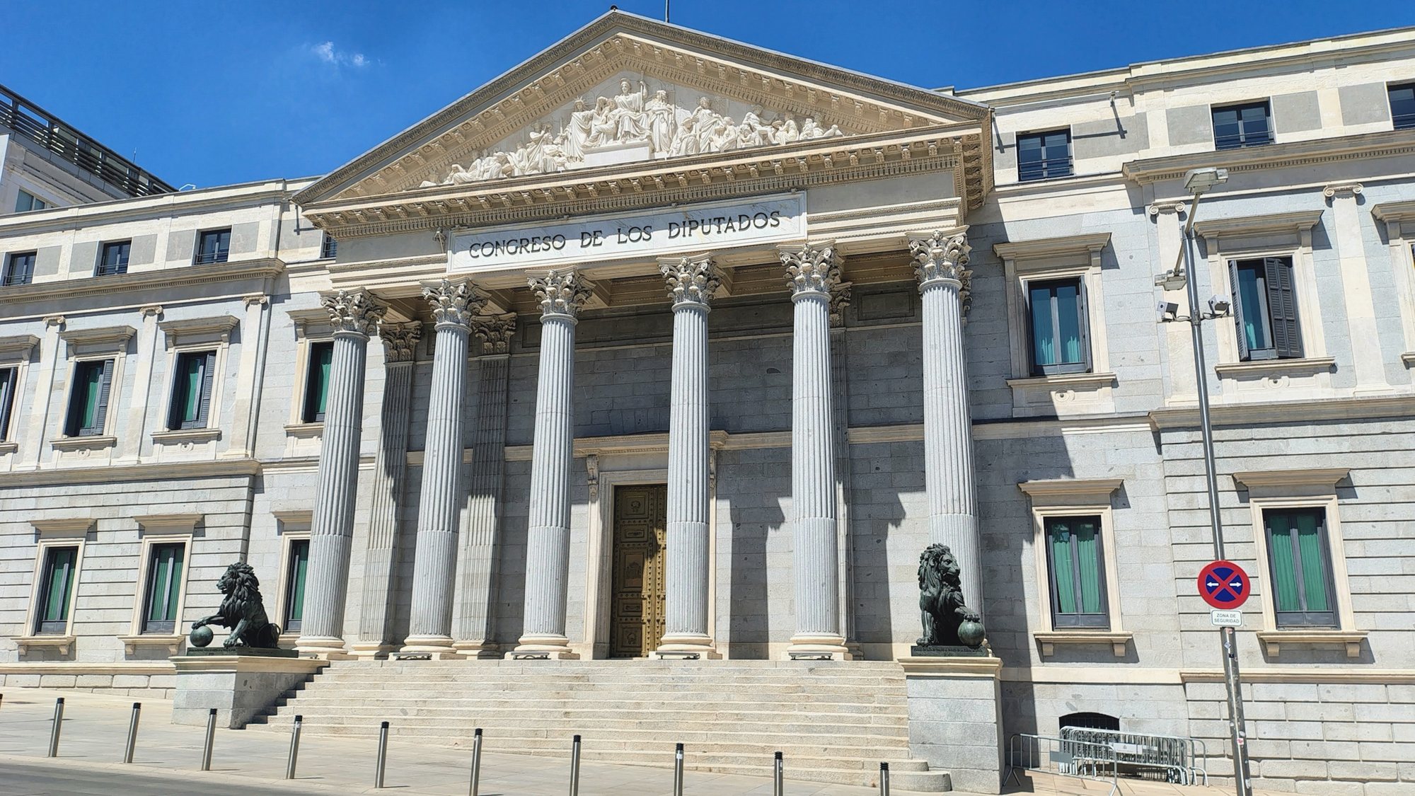 Neoclassical facade of the Spanish Congress building in Madrid